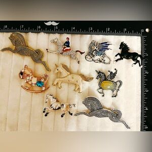 Lot of 9 PiecesVintage Figural Brooches Horse Unicorn Rhinestone Costume Jewelry